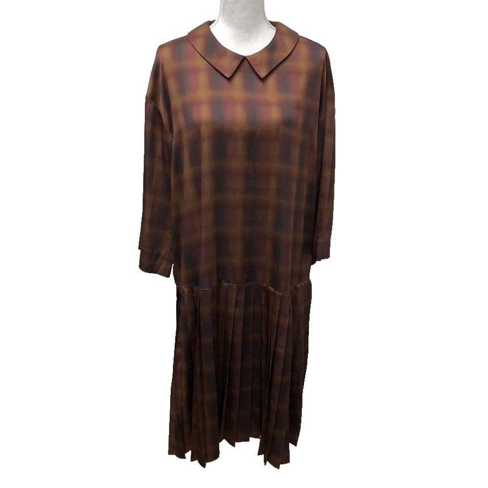 No 6 Store Midi Drop Waist Dress Pleated Womens Large Blurry Plaid Peasant